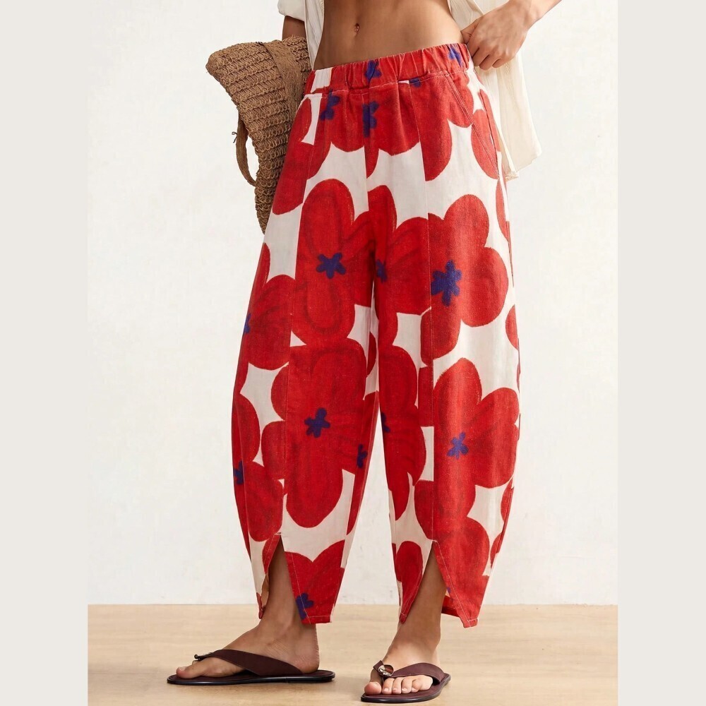 Red Floral Print Cropped Wide-Leg Pants with Slit Hem
